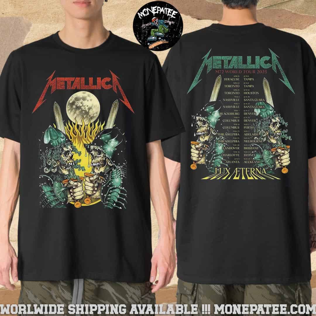 Metallica M72 World Tour 2025 Lux Aterna Armored Skeleton Swordsman Merchandise T-Shirt Metallica M72 World Tour 2025 Lux Aterna Armored Skeleton Swordsman Merchandise T-Shirt