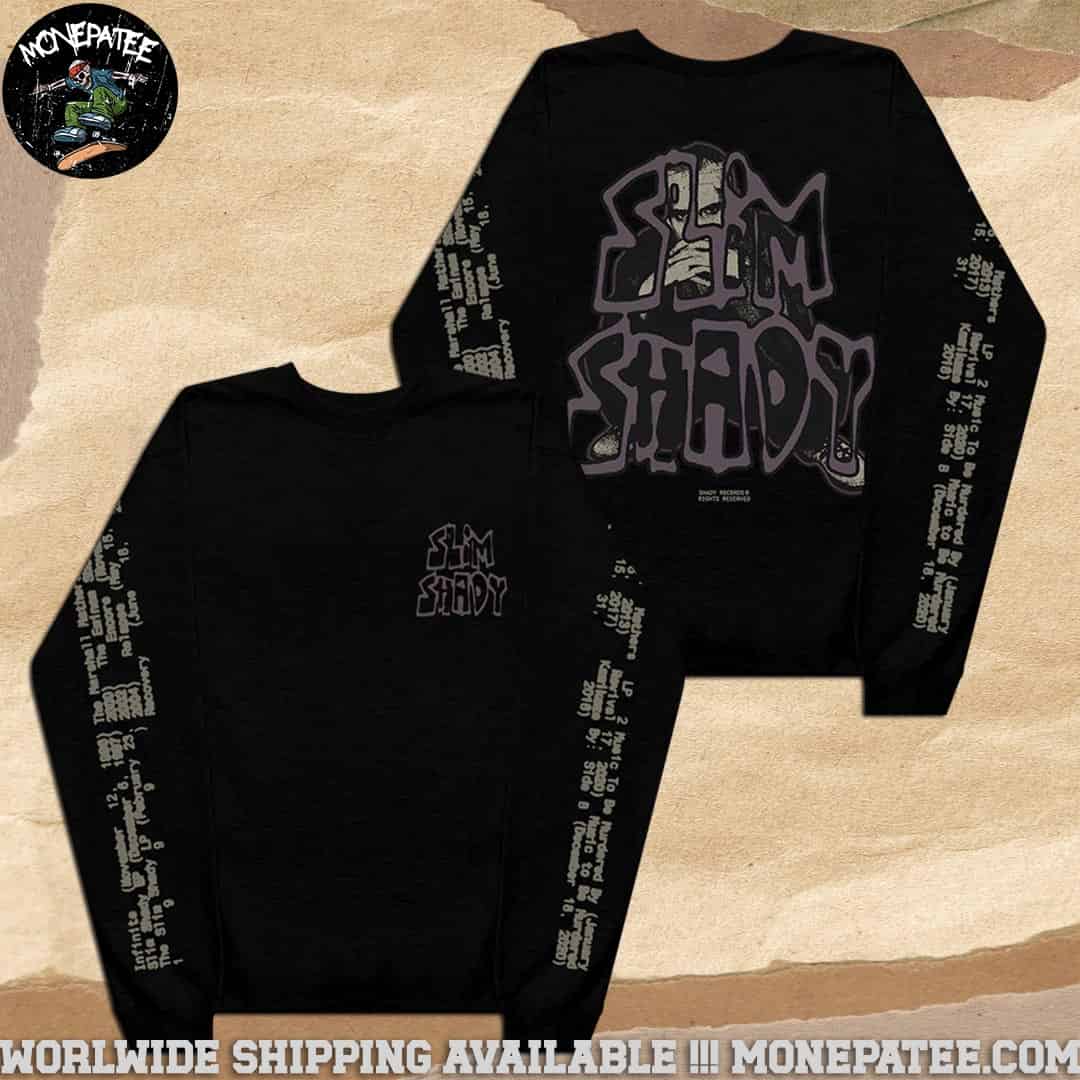 Eminem The Marshall Mathers Lp 25th Anniversary Graffiti Slim Shady Black Crewneck Long Sleeve Shirt Eminem The Marshall Mathers Lp 25th Anniversary Graffiti Slim Shady Black Crewneck Long Sleeve Shirt