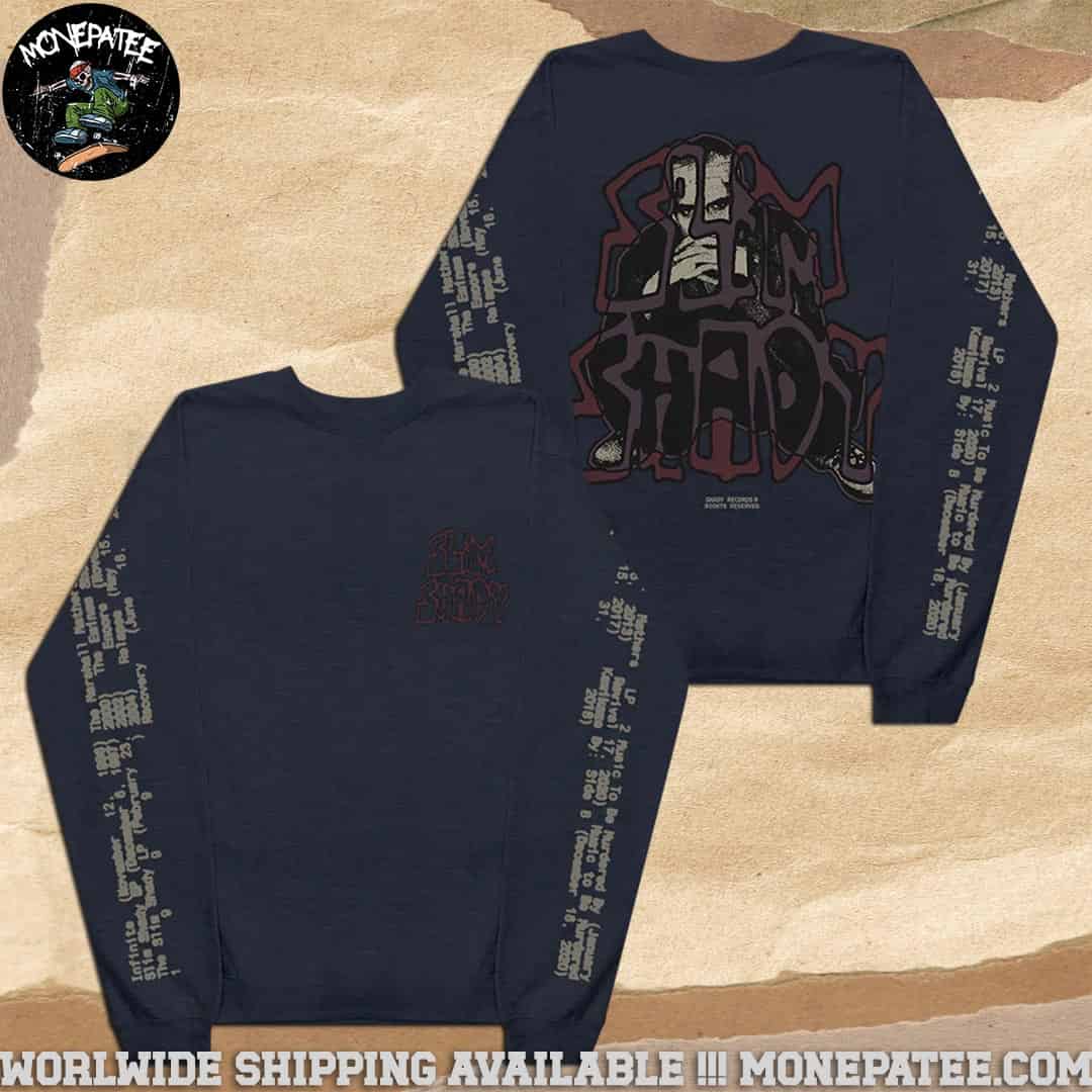 Eminem The Marshall Mathers Lp 25th Anniversary Graffiti Slim Shady Navy Crewneck Long Sleeve Shirt Eminem The Marshall Mathers Lp 25th Anniversary Graffiti Slim Shady Navy Crewneck Long Sleeve Shirt