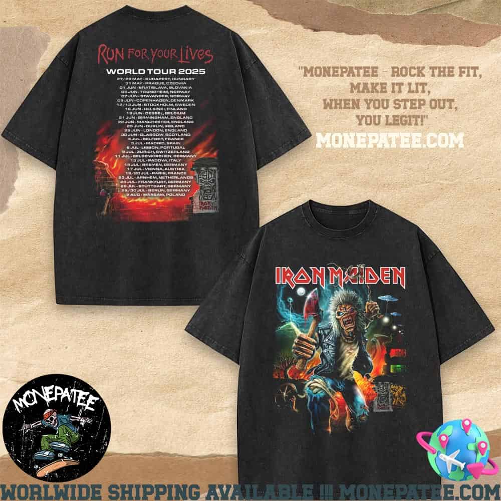 Iron Maiden Run For Your Lives Tour 2025 Eddie Official Tour Art And A Full Dates 50th Anniversary IM50 Logo Washed T-Shirt Iron Maiden Run For Your Lives Tour 2025 Eddie Official Tour Art And A Full Dates 50th Anniversary IM50 Logo Washed T-Shirt
