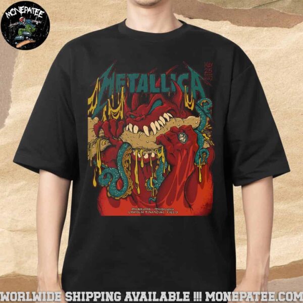 Metallica M72 Philly Venue Tee Night 2 Show In Philadelphia Pennsylvania At Lincoln Financial Field On May 25 2025 The Monster Bites Art Work T-Shirt