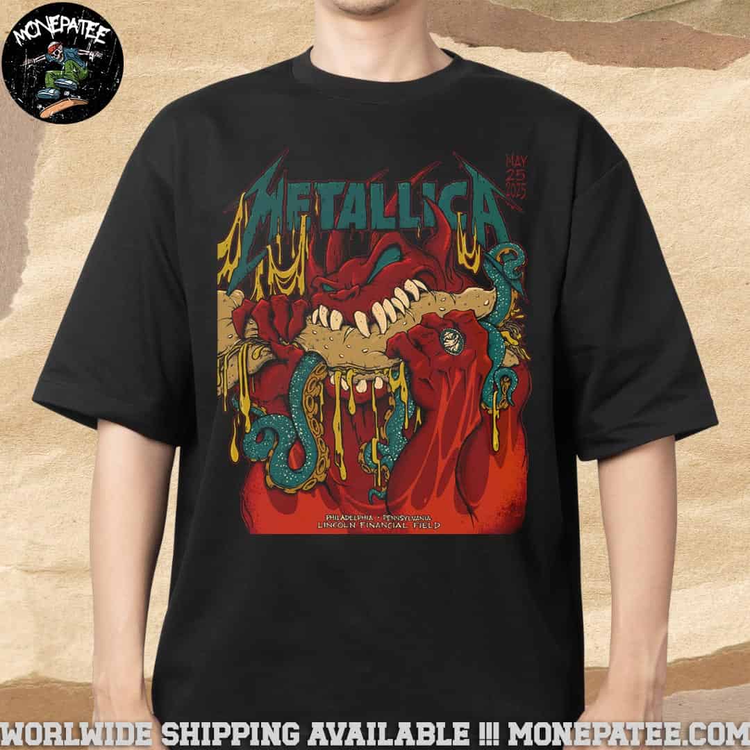 Metallica M72 Philly Venue Tee Night 2 Show In Philadelphia Pennsylvania At Lincoln Financial Field On May 25 2025 The Monster Bites Art Work T-Shirt Metallica M72 Philly Venue Tee Night 2 Show In Philadelphia Pennsylvania At Lincoln Financial Field On May 25 2025 The Monster Bites Art Work T-Shirt