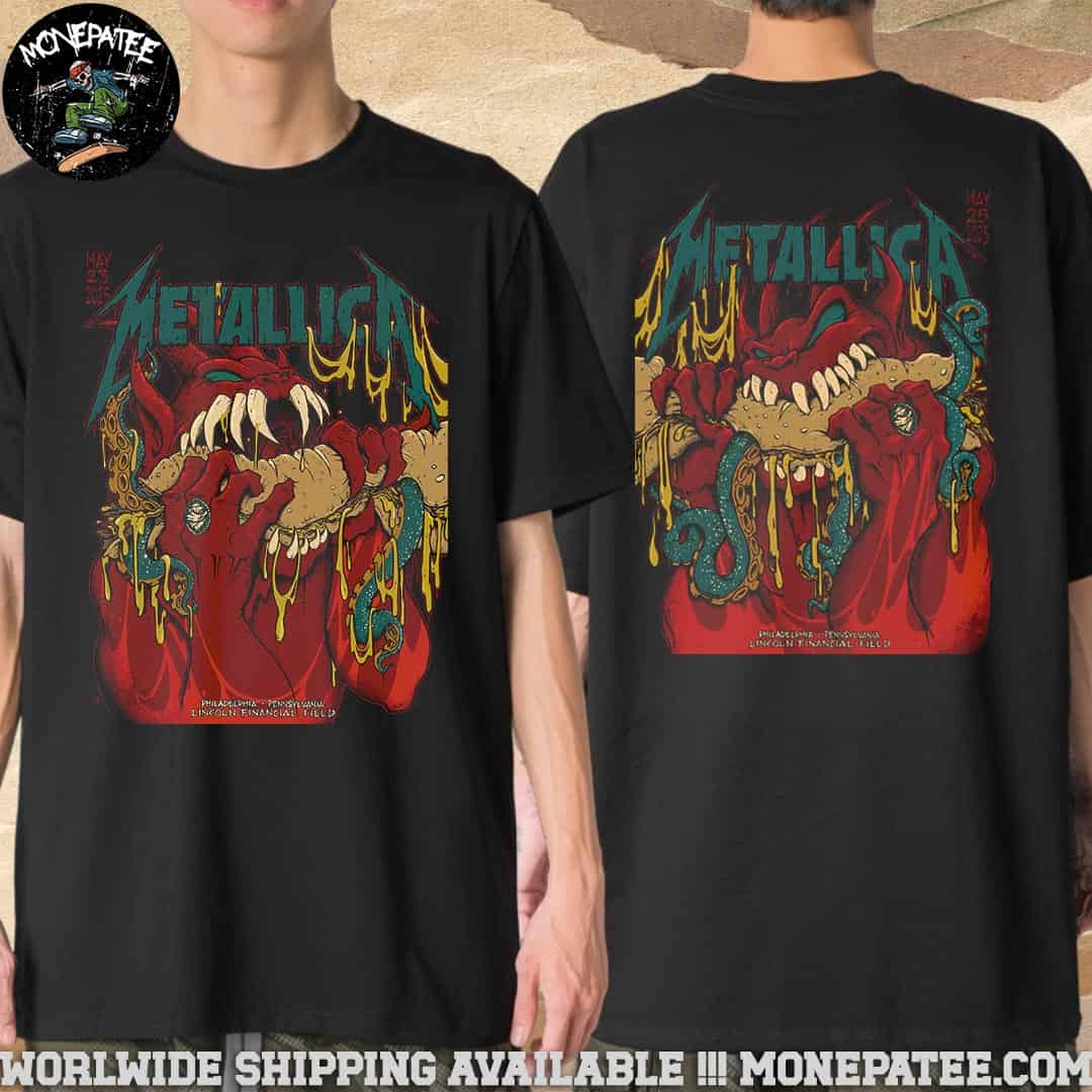 Metallica M72 Philly Venue Tee Poster For Full Show In Philadelphia Pennsylvania At Lincoln Financial Field On May 23-25 2025 The Monster Bites Merchandise T-Shirt Metallica M72 Philly Venue Tee Poster For Full Show In Philadelphia Pennsylvania At Lincoln Financial Field On May 23-25 2025 The Monster Bites Merchandise T-Shirt