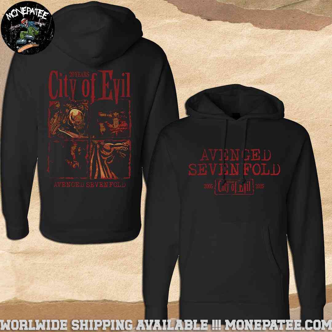 Avenged Sevenfold City Of Evil 20th Anniversary City Of Evil Black Heavyweight Pullover Hoodie Shirt Avenged Sevenfold City Of Evil 20th Anniversary City Of Evil Black Heavyweight Pullover Hoodie Shirt