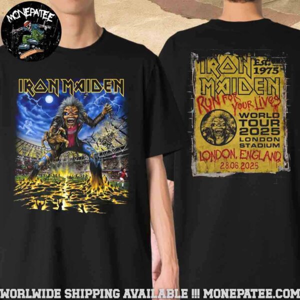 Iron Maiden London England Run For Your Lives World Tour 2025 At London Stadium On June 28 2025 Eddie Eruption Exclusive Merchandise T-Shirt