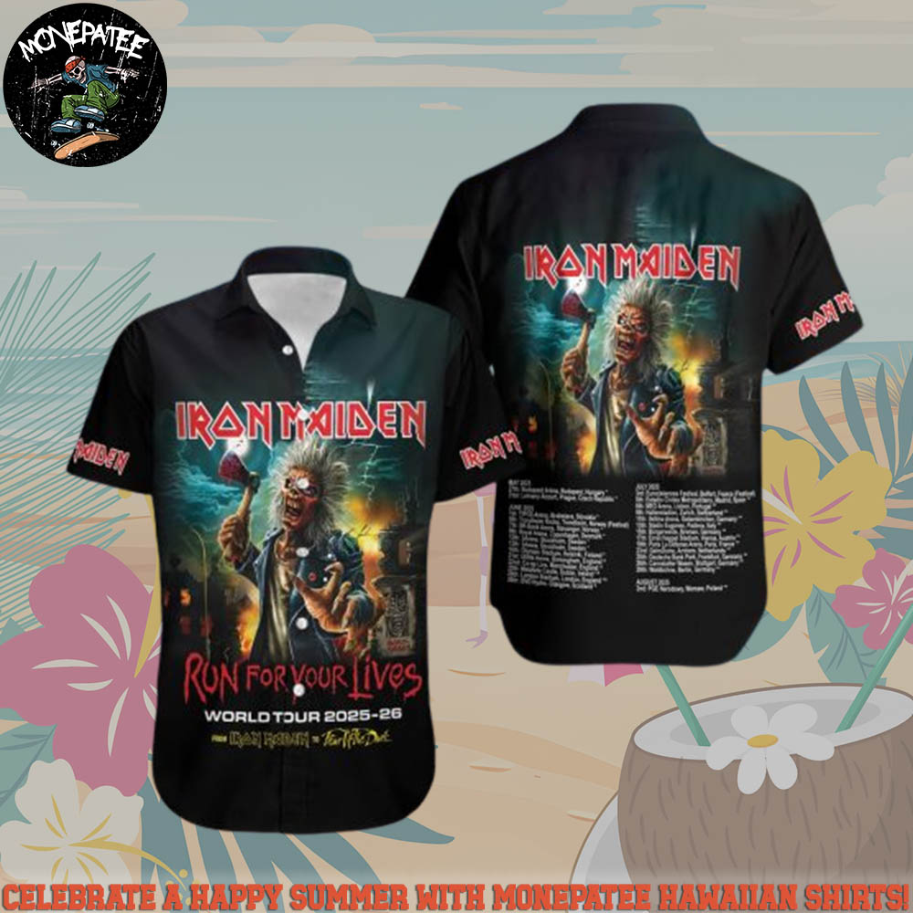 Iron Maiden Run For Your Life World Tour 2025-26 Summer Hawaiian Shirt And Beach Short Iron Maiden Run For Your Life World Tour 2025-26 Summer Hawaiian Shirt And Beach Short