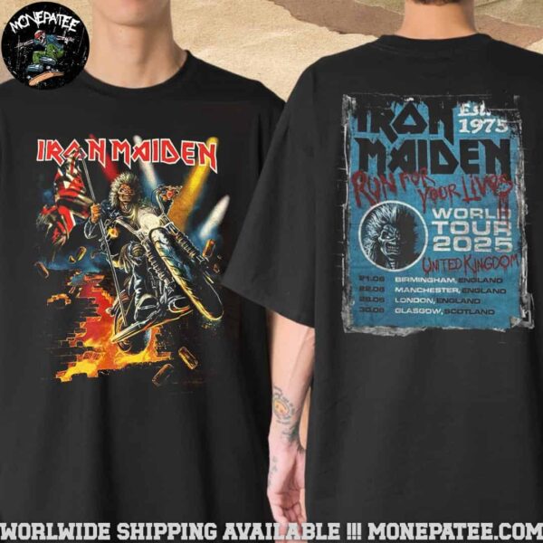 Iron Maiden Run For Your Lives World Tour Exclusive Tee For UK On June 2025 In Birmingham Manchester London Glasgow Eddie’s Inferno Ride Artwork T-Shirt
