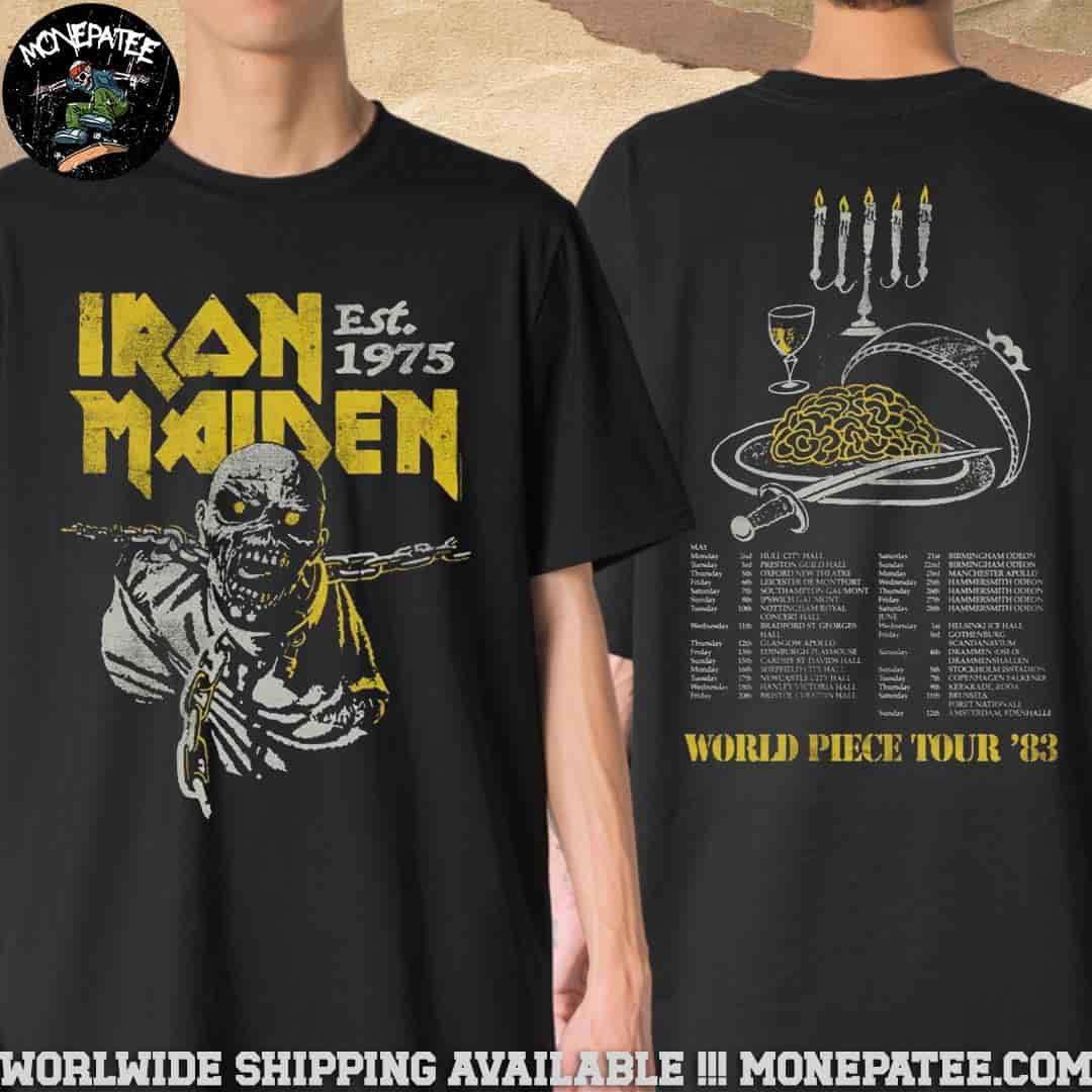 Iron Maiden Word Piece Tour 1983 Piece Of Mind Dates List Two Sided Merchandise T-Shirt Iron Maiden Word Piece Tour 1983 Piece Of Mind Dates List Two Sided Merchandise T-Shirt
