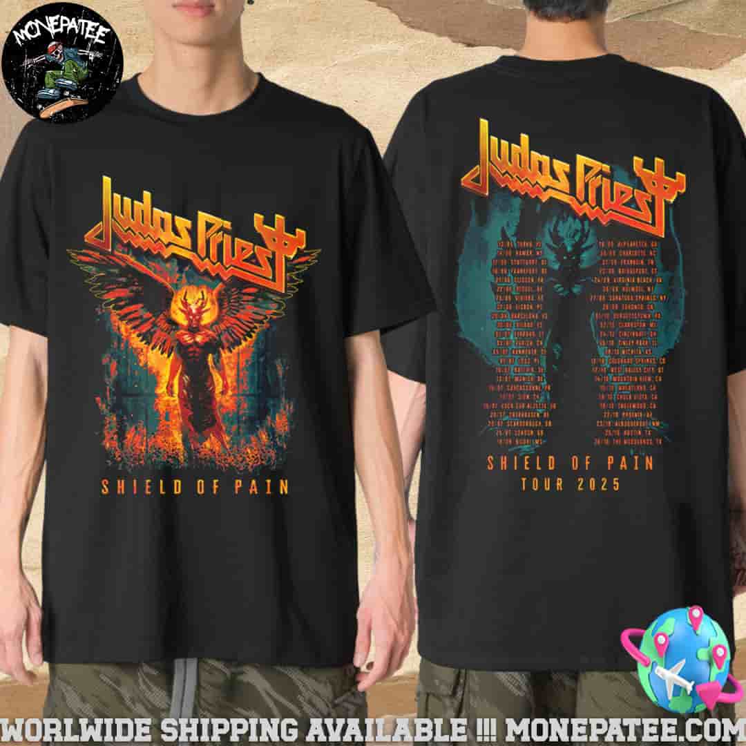 Judas Priest The Winged Demon Shield Of Pain Tour 2025 Merchandise Two Sided Unisex T-Shirt Judas Priest The Winged Demon Shield Of Pain Tour 2025 Merchandise Two Sided Unisex T-Shirt