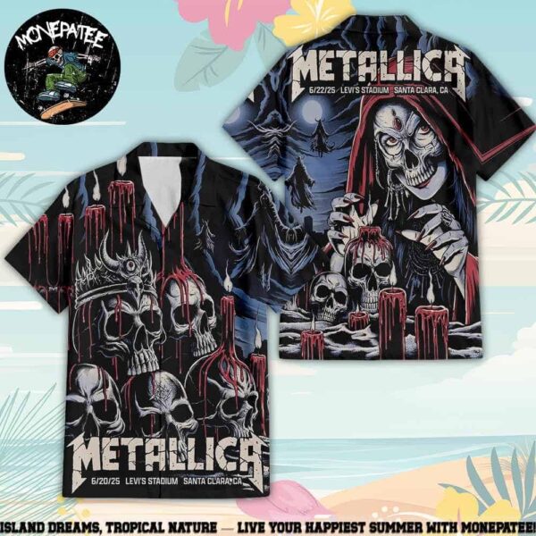 Metallica M72 Santa Clara Night 1 Candlelit Carnage and Night 2 Sanctum of Skulls Exclusive Hawaiian Shirt June 20 and 22 2025 at Levis Stadium Collectible Tour Unisex Button Up Shirt