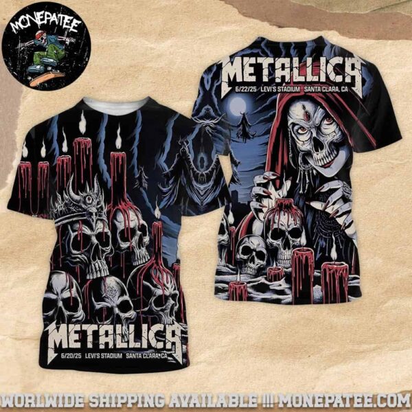 Metallica M72 Santa Clara Night 1 Candlelit Carnage and Night 2 Sanctum of Skulls June 20-22 2025 at Levis Stadium Two Sided All Over Print Concert T-Shirt