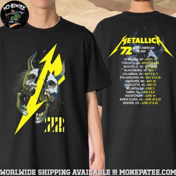 Metallica M72 Tour 2025 Lightning Strike Skull Artwork With Tour Dates And City Stops Merchandise Two Sided Unisex T-Shirt