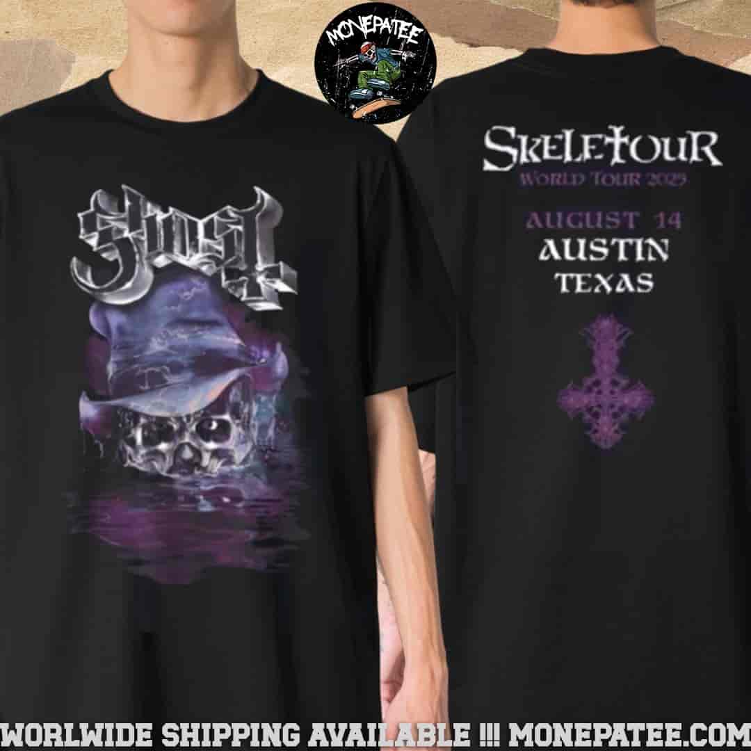 Ghost Band Austin Texas 2025 Exclusive Tee Skeletour World Tour Message From The Clergy On August 14 Moody Center Two Sided Unisex T-Shirt Ghost Band Austin Texas 2025 Exclusive Tee Skeletour World Tour Message From The Clergy On August 14 Moody Center Two Sided Unisex T-Shirt