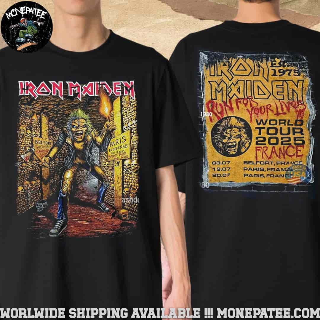 Iron Maiden France Run For Your Lives World Tour 2025 In Belfort Paris On Jul 3-19-20 Torch of the Catacombs Artwork Two Sided Unisex T-Shirt Iron Maiden France Run For Your Lives World Tour 2025 In Belfort Paris On Jul 3-19-20 Torch of the Catacombs Artwork Two Sided Unisex T-Shirt