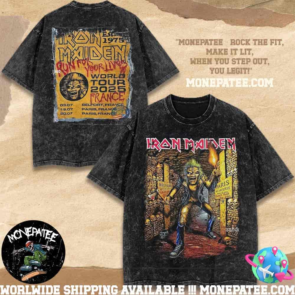 Iron Maiden France Washed Shirt Run For Your Lives World Tour 2025 In Belfort Paris On Jul 3-19-20 Torch of the Catacombs Artwork Iron Maiden France Washed Shirt Run For Your Lives World Tour 2025 In Belfort Paris On Jul 3-19-20 Torch of the Catacombs Artwork