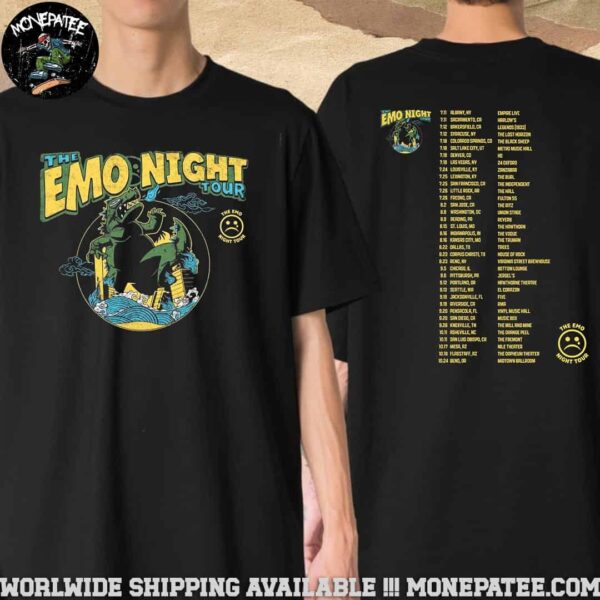 The Emo Night Tour 2025 Schedule List Dates Godzilla Two Sided T-Shirt